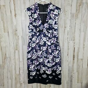 Adrianna Papell Navy Floral Sheath Midi Dress Size 4
